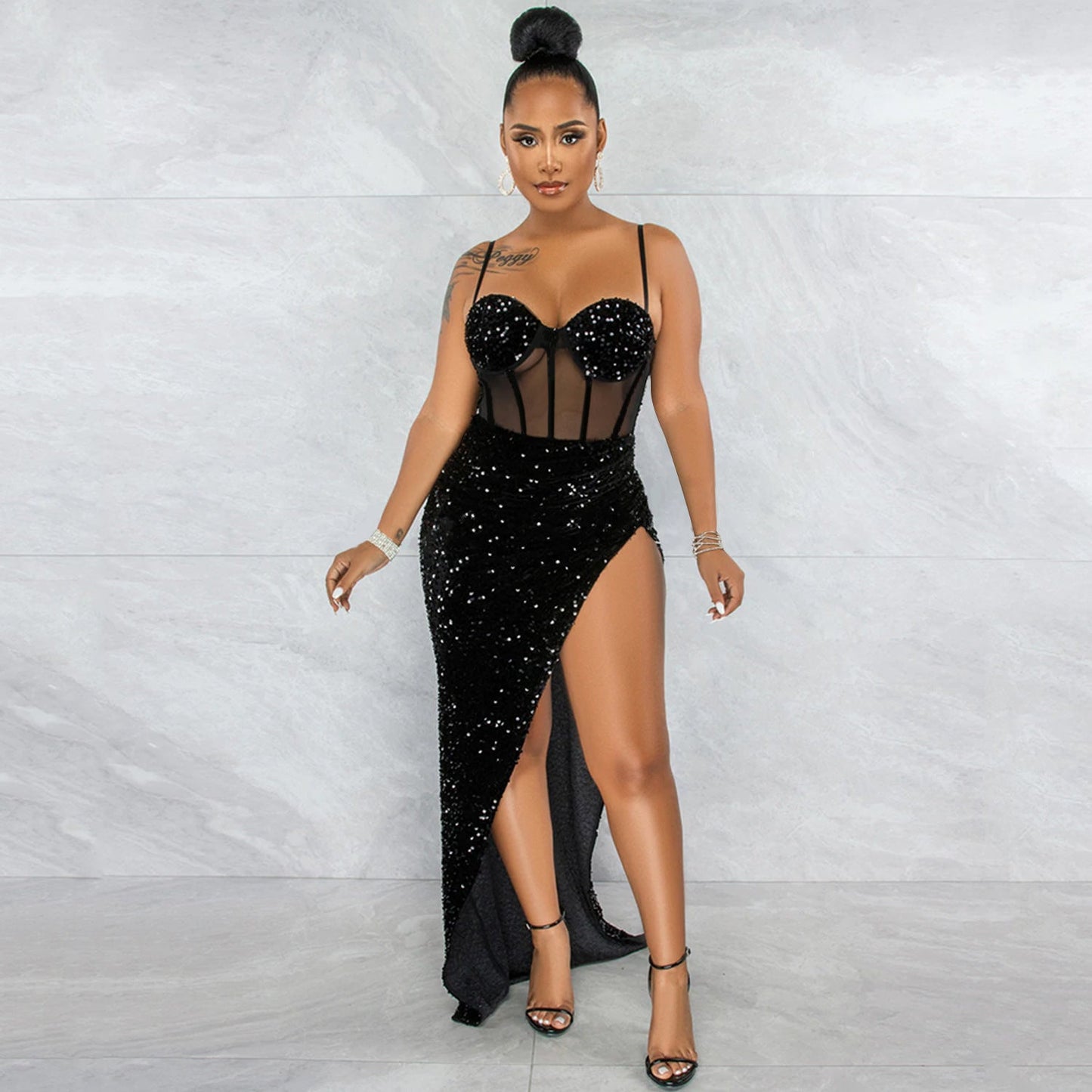 Suspenders Sequin Mesh See through Irregular Asymmetric Slit Dress Women