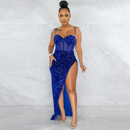 Suspenders Sequin Mesh See through Irregular Asymmetric Slit Dress Women