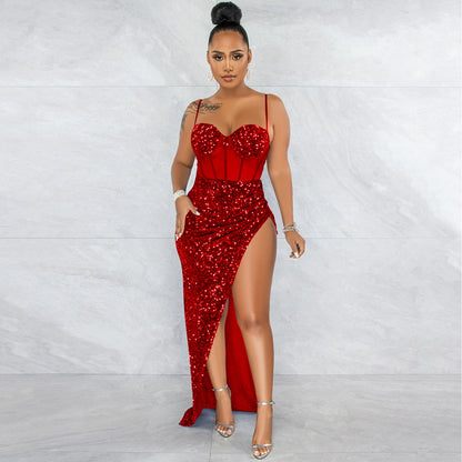 Suspenders Sequin Mesh See through Irregular Asymmetric Slit Dress Women