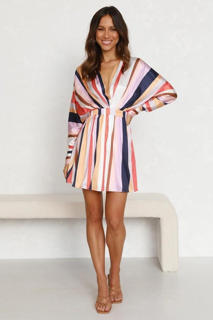 Autumn V neck Long Sleeve Color Striped Slim Dress for Women
