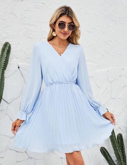 Women Wrap V neck Dress Casual Pleated Long Sleeve Mini Dress Wedding Guests