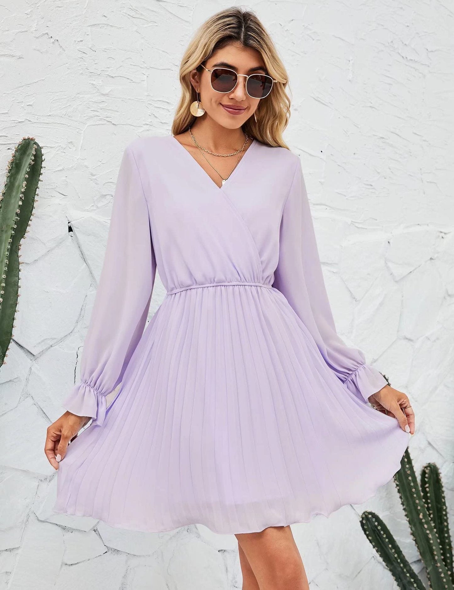 Women Wrap V neck Dress Casual Pleated Long Sleeve Mini Dress Wedding Guests