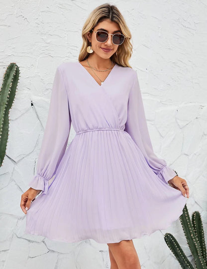 Women Wrap V neck Dress Casual Pleated Long Sleeve Mini Dress Wedding Guests