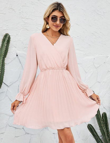 Women Wrap V neck Dress Casual Pleated Long Sleeve Mini Dress Wedding Guests
