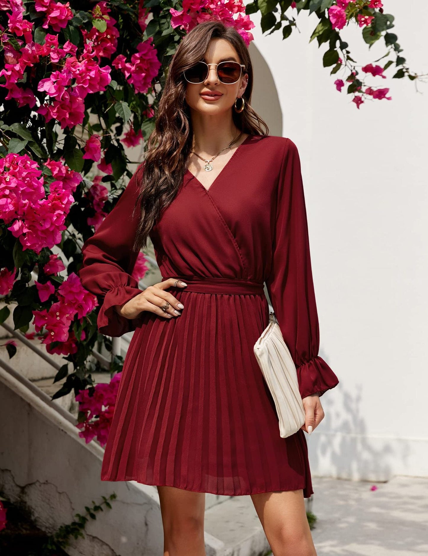 Women Wrap V neck Dress Casual Pleated Long Sleeve Mini Dress Wedding Guests