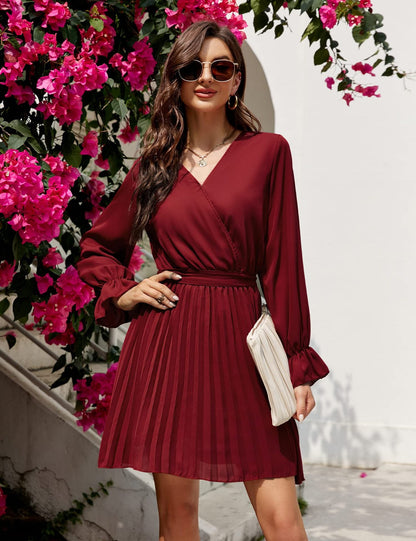 Women Wrap V neck Dress Casual Pleated Long Sleeve Mini Dress Wedding Guests