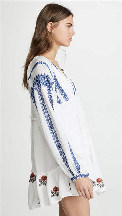 Women Spring Summer Elegant Holiday Embroidered Flower Dress Bohemian Personality Age Reduction Long Sleeve Dress