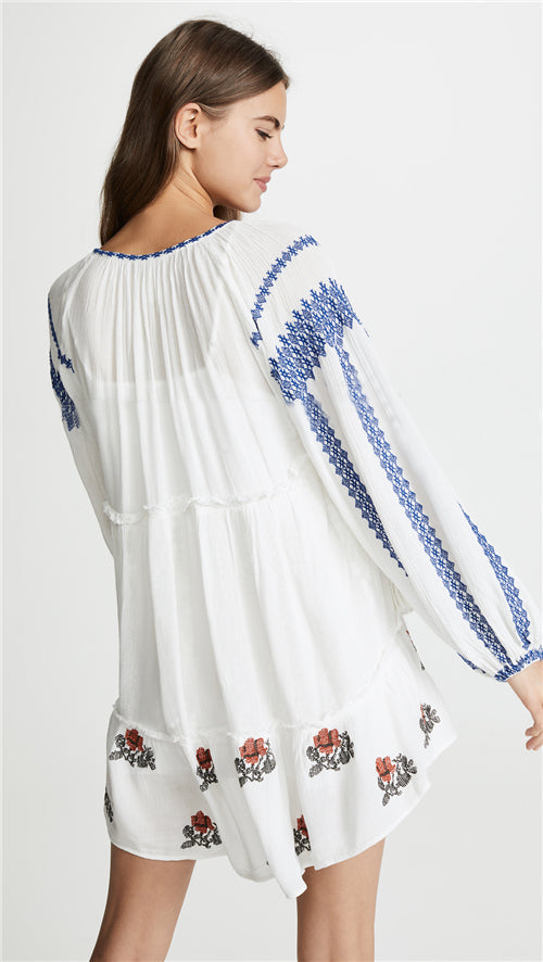 Women Spring Summer Elegant Holiday Embroidered Flower Dress Bohemian Personality Age Reduction Long Sleeve Dress