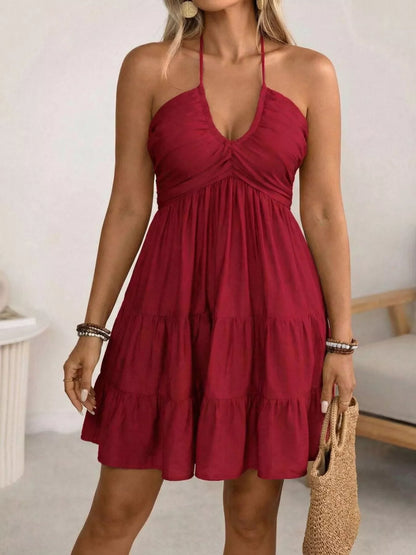 Halter Neck Tiered Ruffle Hem Mini Dress