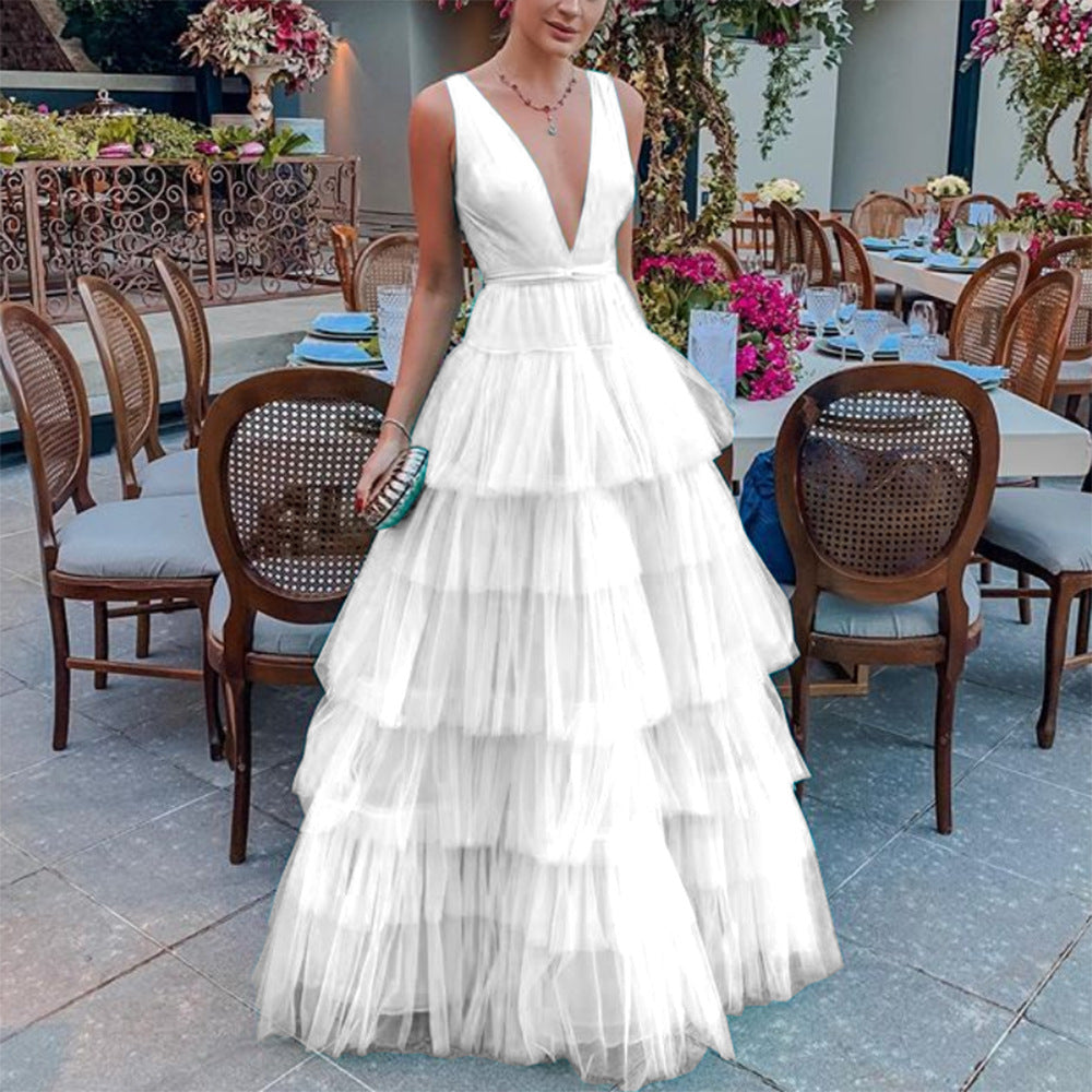 Summer Women Clothing Dress Net Yarn Cake Dress V neck Brace Evening Dress