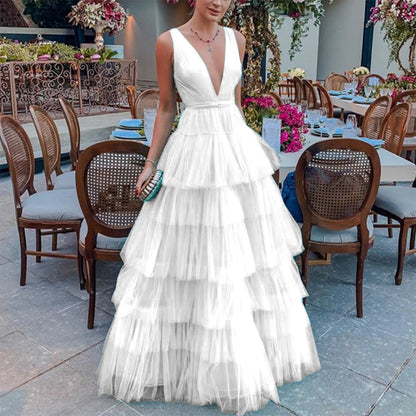 Summer Women Clothing Dress Net Yarn Cake Dress V neck Brace Evening Dress