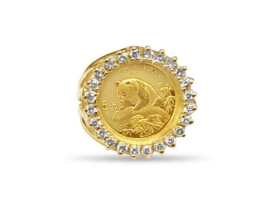 Diamond Fancy Ladies Solid White/Yellow/Rose Gold Handmade Coin Ring , Chinese Panda Bear Coin ,