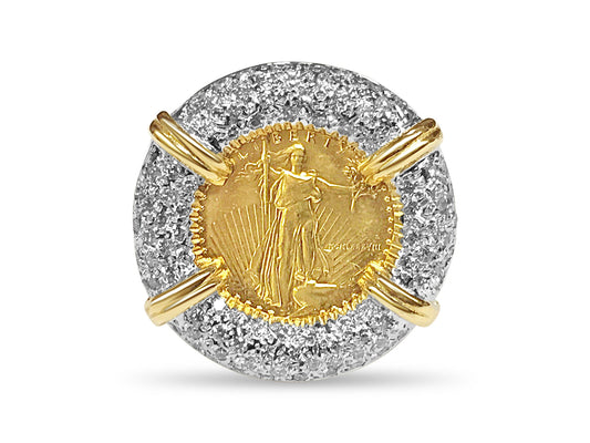 Diamond Fancy Solid White/Yellow/Rose Gold Handmade Coin Ring , 1/10oz Coin ,