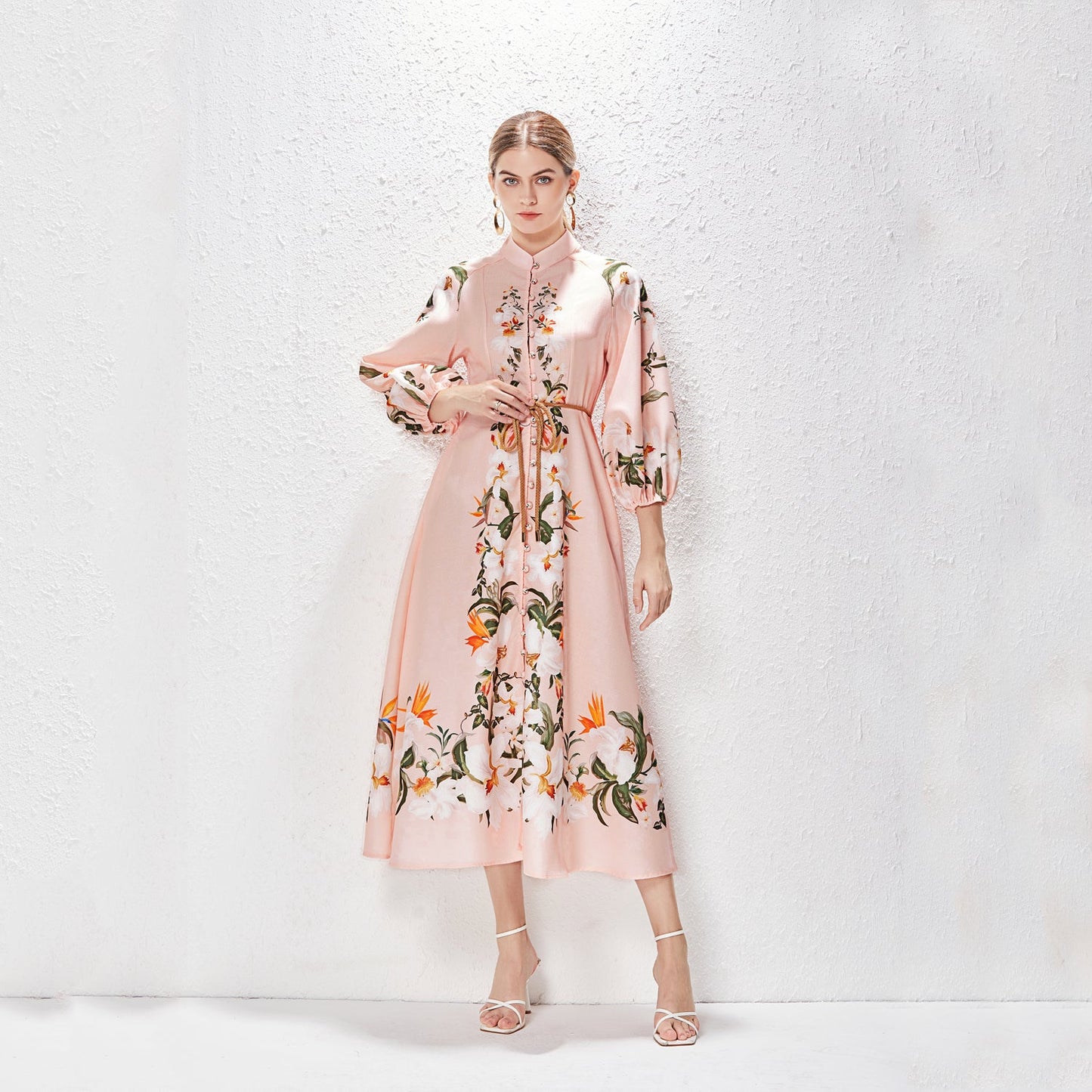 Printed Fashion Temperament Stand Collar Single Breasted Lantern Sleeve Long Dress