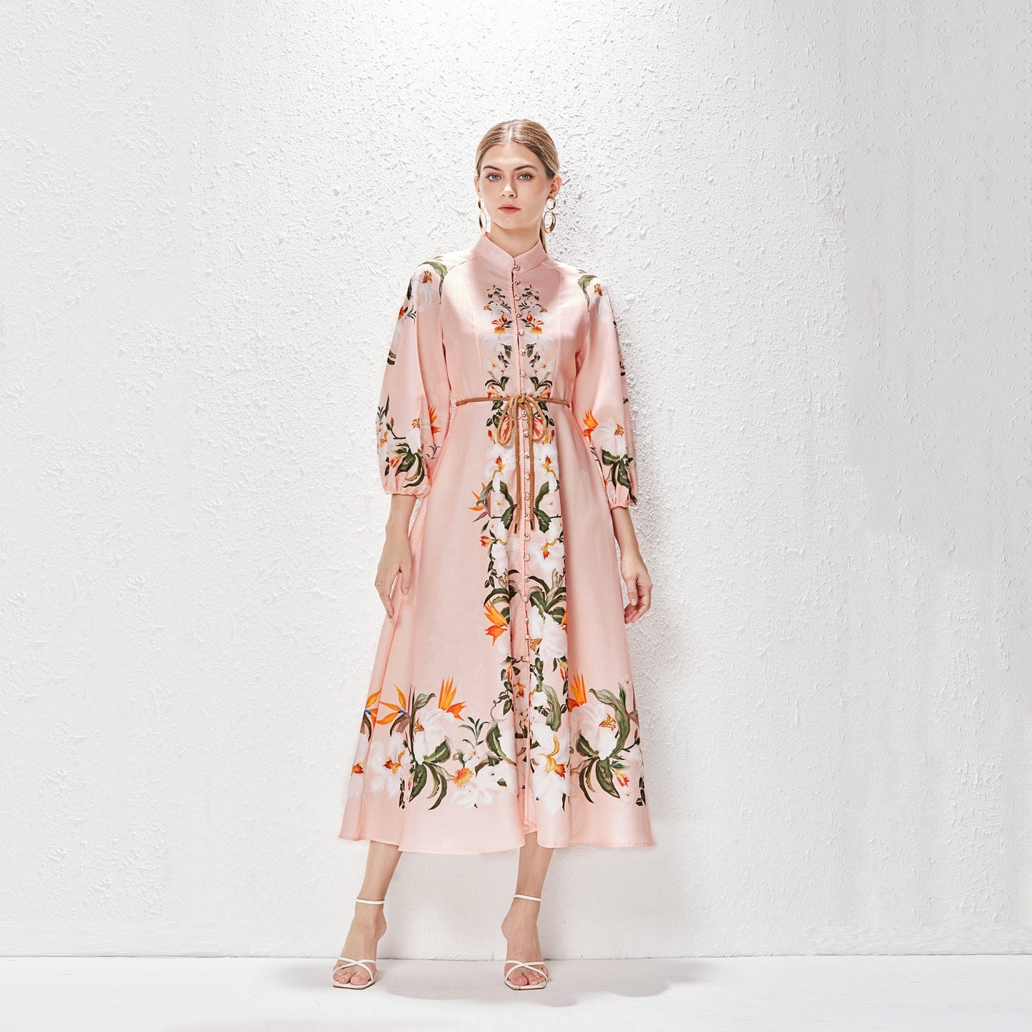 Printed Fashion Temperament Stand Collar Single Breasted Lantern Sleeve Long Dress
