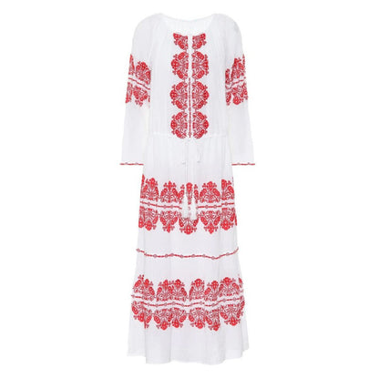 Women Spring Embroidered Printed Button Maxi Dress