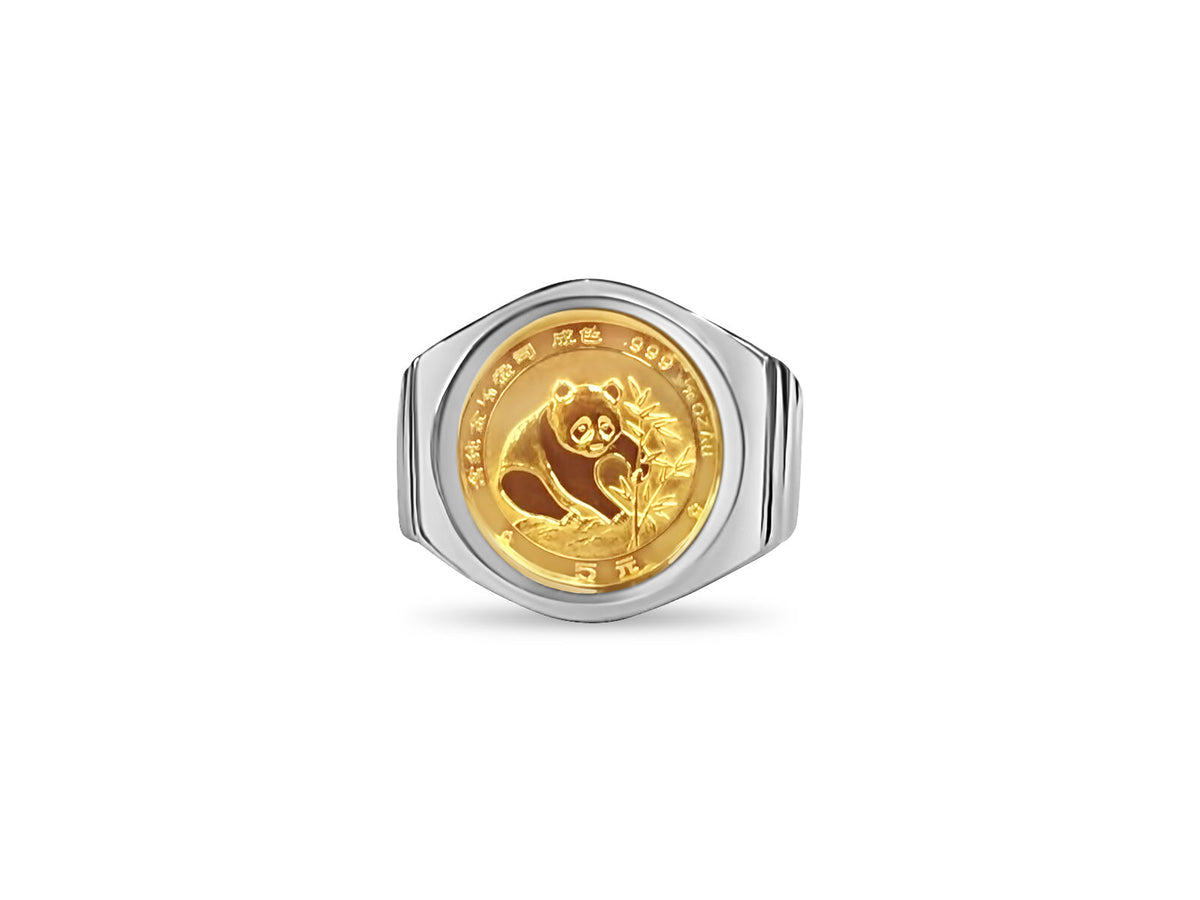 Fancy Solid White/Yellow/Rose Gold Handmade Coin Ring , Chinese Panda Bear Coin ,