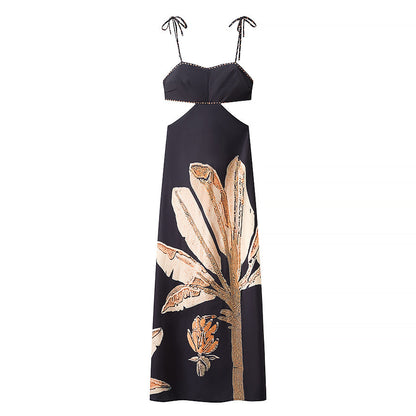 Summer Elegant Dress Backless Cropped Outfit Printed Black Slim Strap Dress