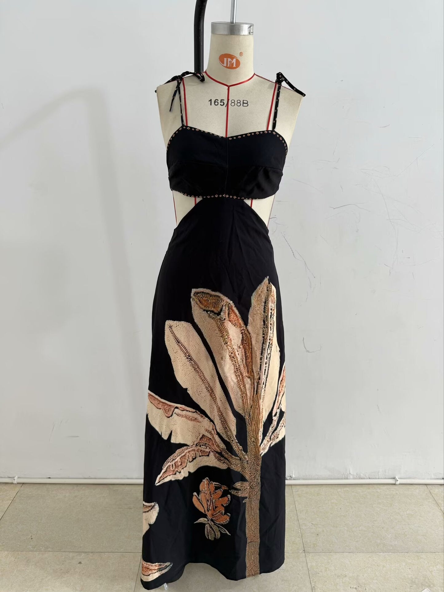Summer Elegant Dress Backless Cropped Outfit Printed Black Slim Strap Dress