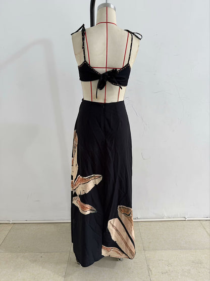 Summer Elegant Dress Backless Cropped Outfit Printed Black Slim Strap Dress