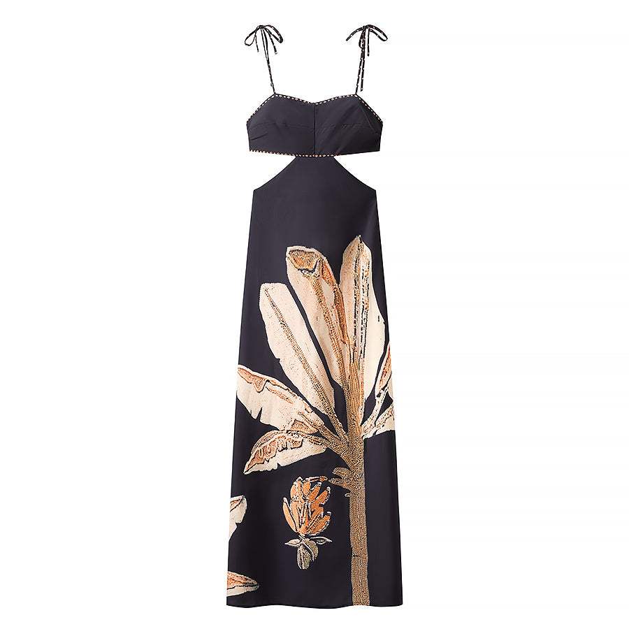 Summer Elegant Dress Backless Cropped Outfit Printed Black Slim Strap Dress