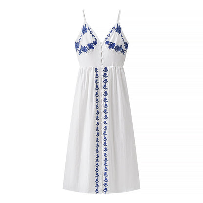 Women Clothing Fall Vacation Embroidered Strap Mid Length Dress