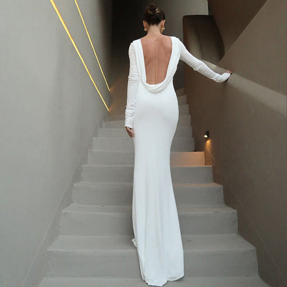 Autumn Winter Solid Color Elegant Sexy Backless Formal Dress Chain Long Sleeve Slim Dress