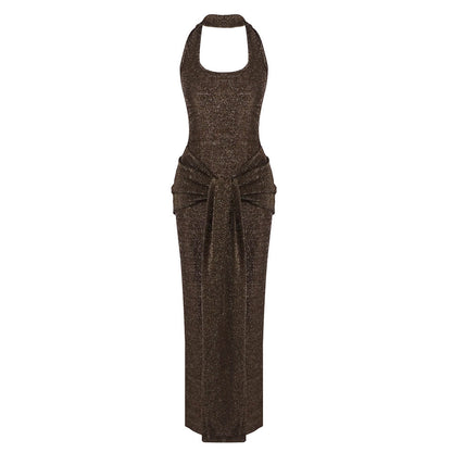 Women Clothing Coffee Color Silver Silk Ribbon Dress Sexy Backless Dress Slim Fit Sheath Dress Waist Tight Tight Dress