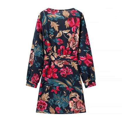 Autumn Winter All Match Printed Dress Deep V Plunge neck Long Sleeve Printed Tape Belt Dress