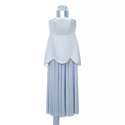 Women Clothing Winter Sexy Backless Sleeveless Solid Color Tube Top Mesh Stitching Dress