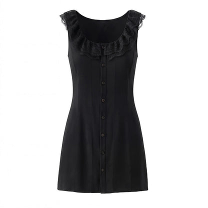 Spring French Slim Lace Square Collar Single Breasted Cinched Sleeveless Mini Dress