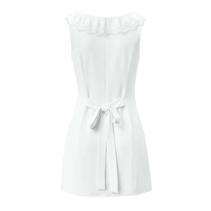 Spring French Slim Lace Square Collar Single Breasted Cinched Sleeveless Mini Dress