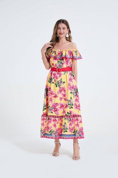 Women One Shoulder Frilled Off Shoulder Long Dress With A Slim Fit Beachy Style