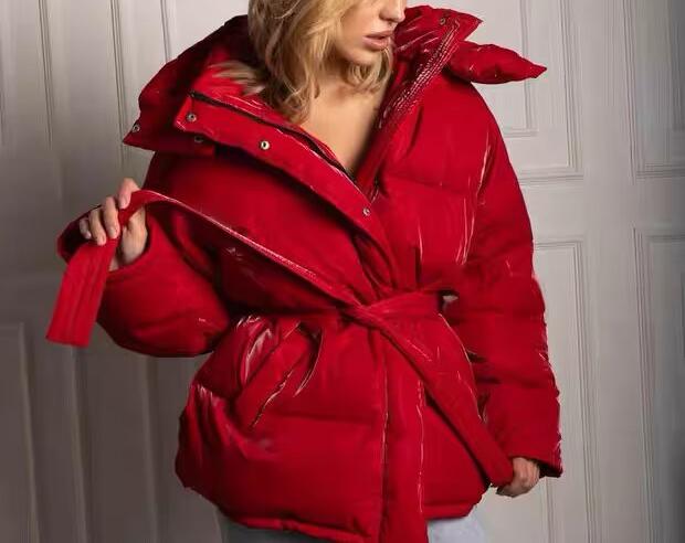 Spring Bright Surface Belt Cotton Padded Jacket All Matching Hooded Zipper Long Sleeve Coat