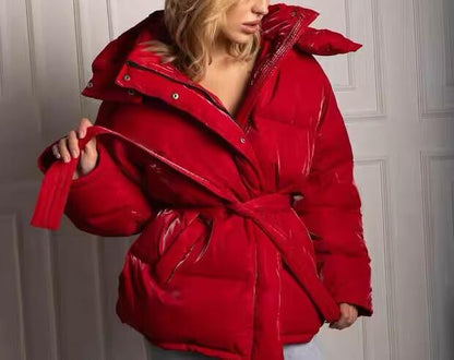 Spring Bright Surface Belt Cotton Padded Jacket All Matching Hooded Zipper Long Sleeve Coat