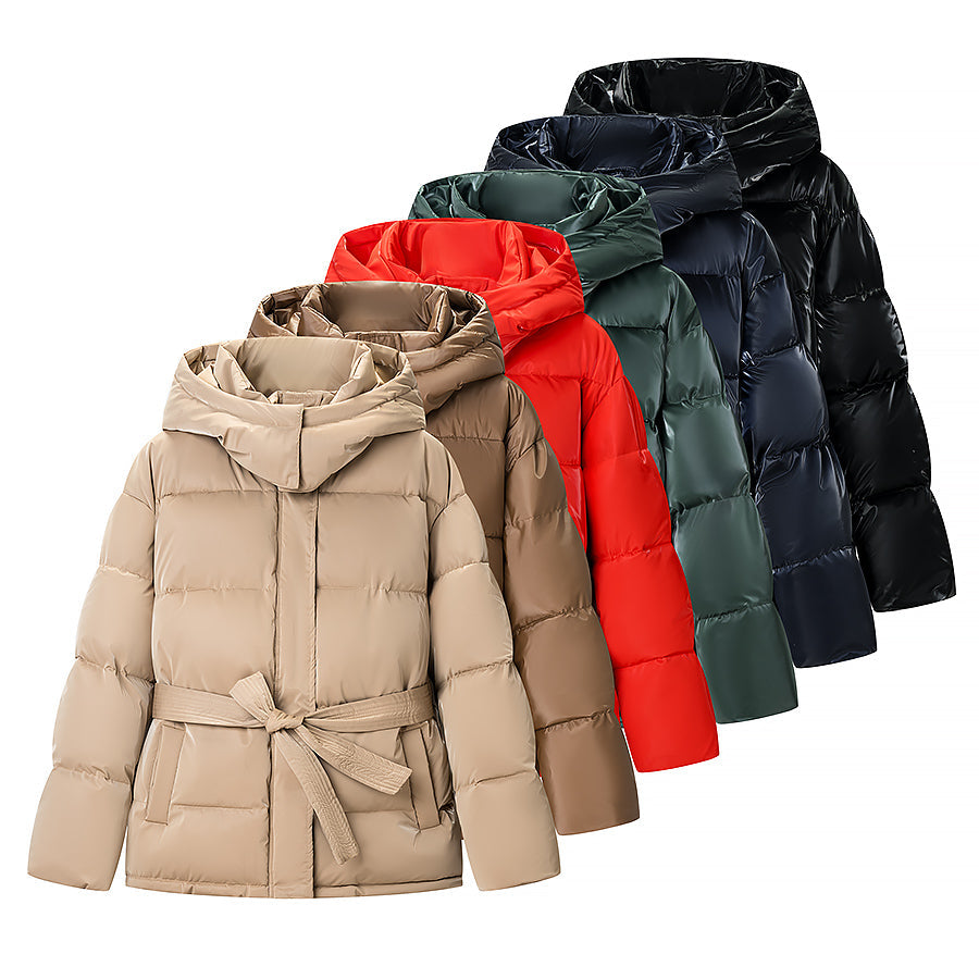 Spring Bright Surface Belt Cotton Padded Jacket All Matching Hooded Zipper Long Sleeve Coat