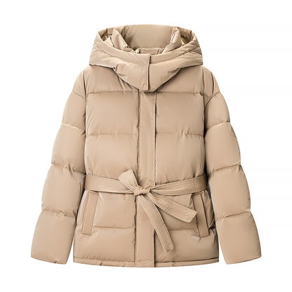 Spring Bright Surface Belt Cotton Padded Jacket All Matching Hooded Zipper Long Sleeve Coat