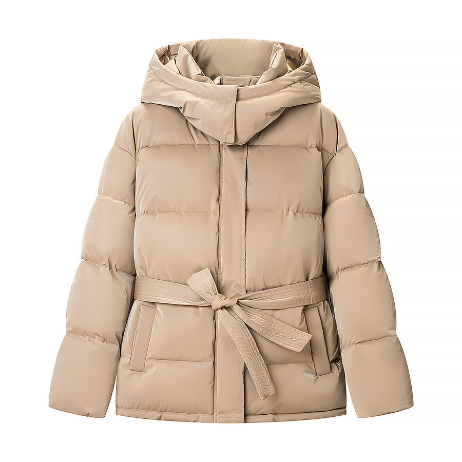 Spring Bright Surface Belt Cotton Padded Jacket All Matching Hooded Zipper Long Sleeve Coat