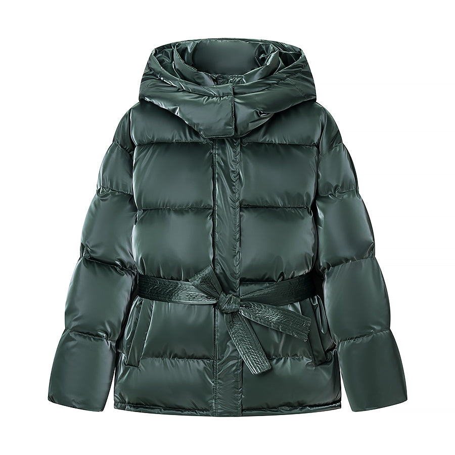 Spring Bright Surface Belt Cotton Padded Jacket All Matching Hooded Zipper Long Sleeve Coat