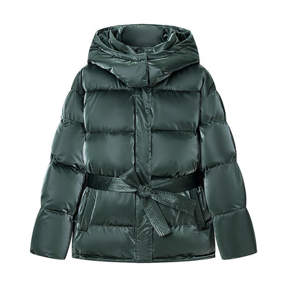 Spring Bright Surface Belt Cotton Padded Jacket All Matching Hooded Zipper Long Sleeve Coat