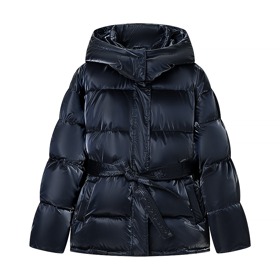 Spring Bright Surface Belt Cotton Padded Jacket All Matching Hooded Zipper Long Sleeve Coat