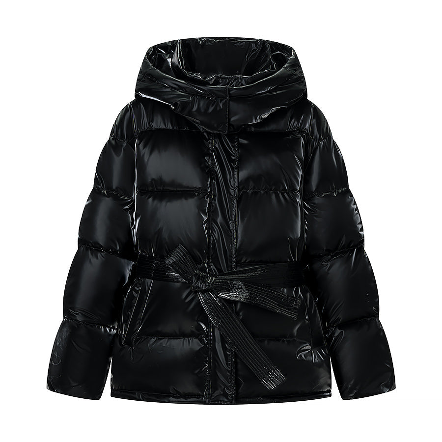 Spring Bright Surface Belt Cotton Padded Jacket All Matching Hooded Zipper Long Sleeve Coat