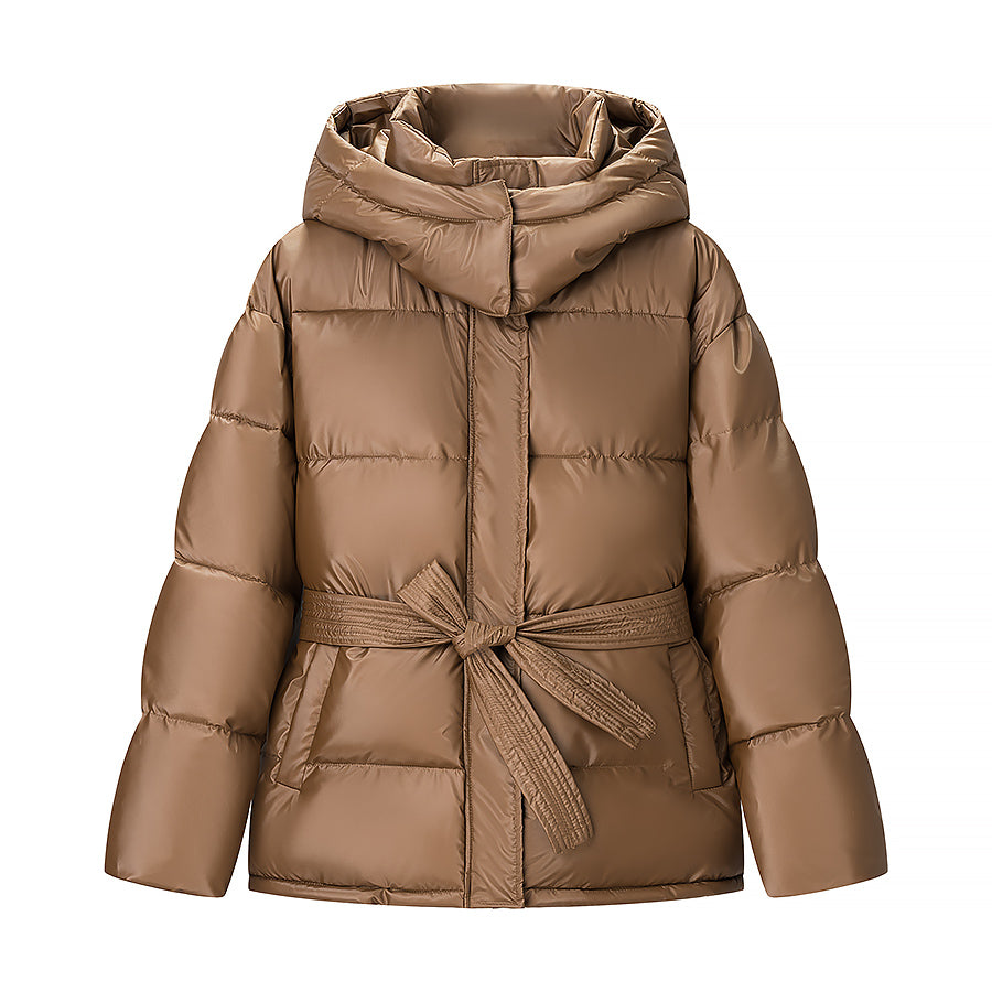 Spring Bright Surface Belt Cotton Padded Jacket All Matching Hooded Zipper Long Sleeve Coat