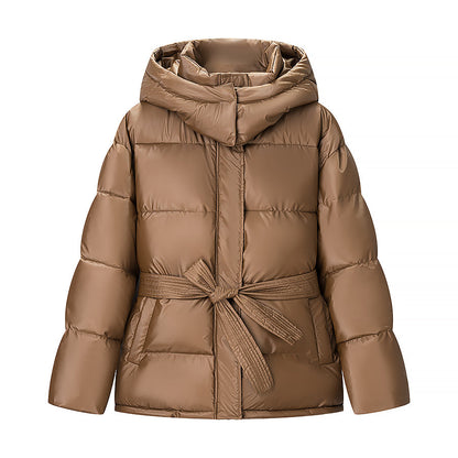 Spring Bright Surface Belt Cotton Padded Jacket All Matching Hooded Zipper Long Sleeve Coat