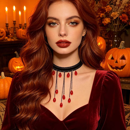 Gothic Lace Choker Necklace with Teardrop Dangle Charms