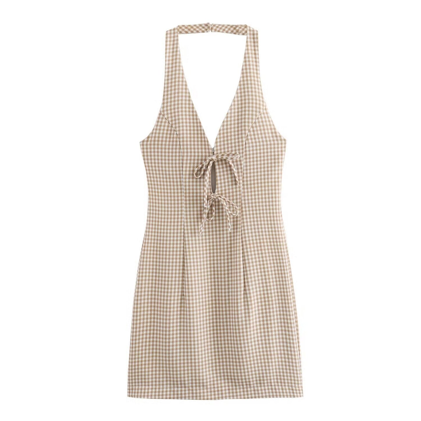 Women Clothing Summer French All Match Retro Spaghetti Straps Small Plaid Dress