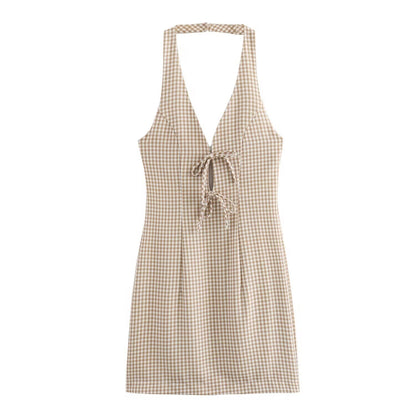 Women Clothing Summer French All Match Retro Spaghetti Straps Small Plaid Dress