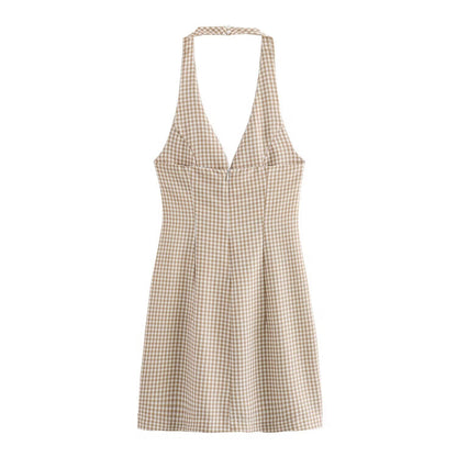 Women Clothing Summer French All Match Retro Spaghetti Straps Small Plaid Dress