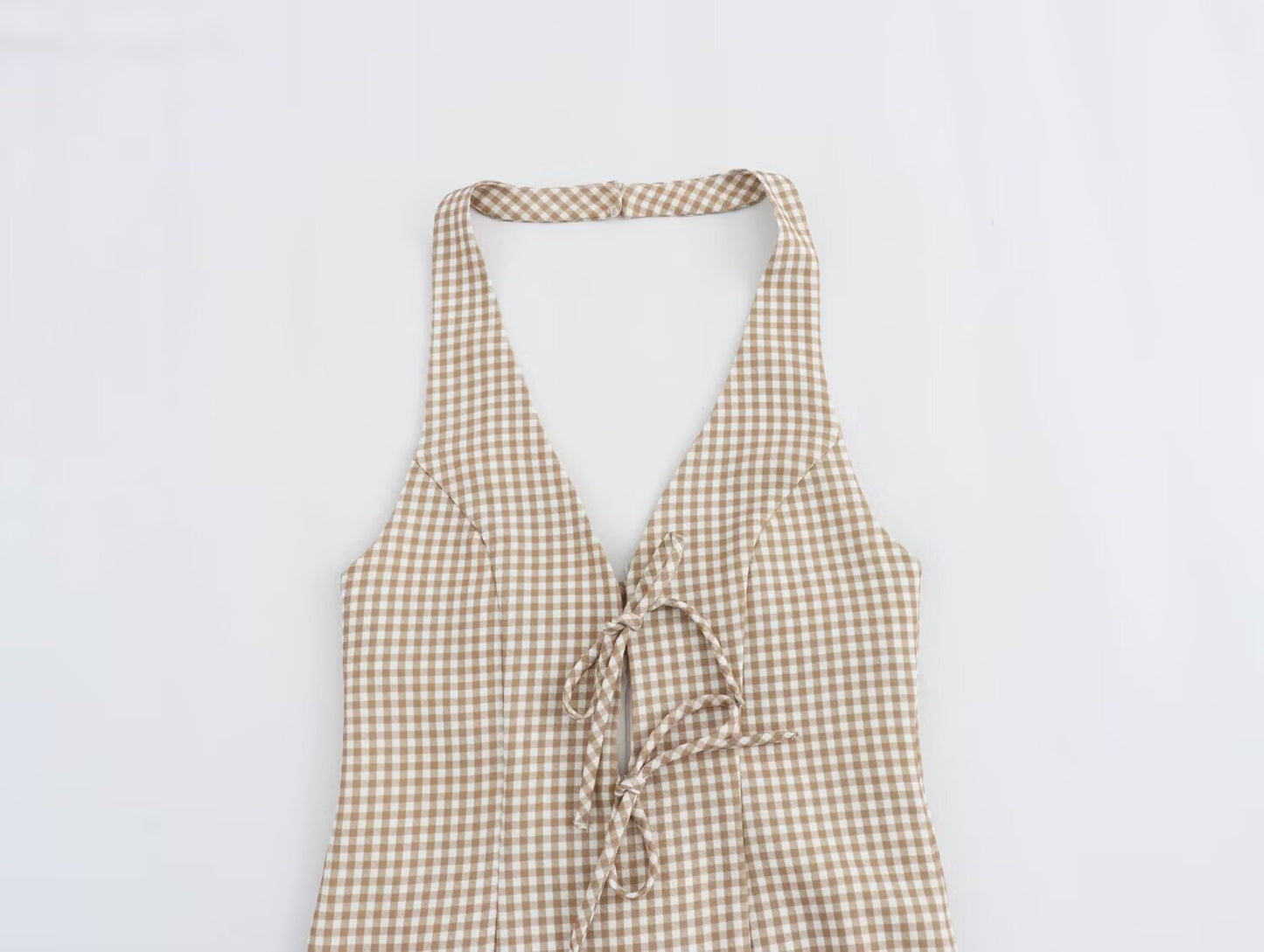 Women Clothing Summer French All Match Retro Spaghetti Straps Small Plaid Dress