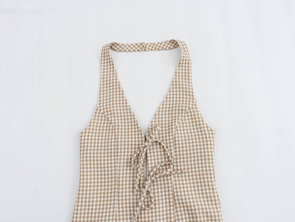 Women Clothing Summer French All Match Retro Spaghetti Straps Small Plaid Dress
